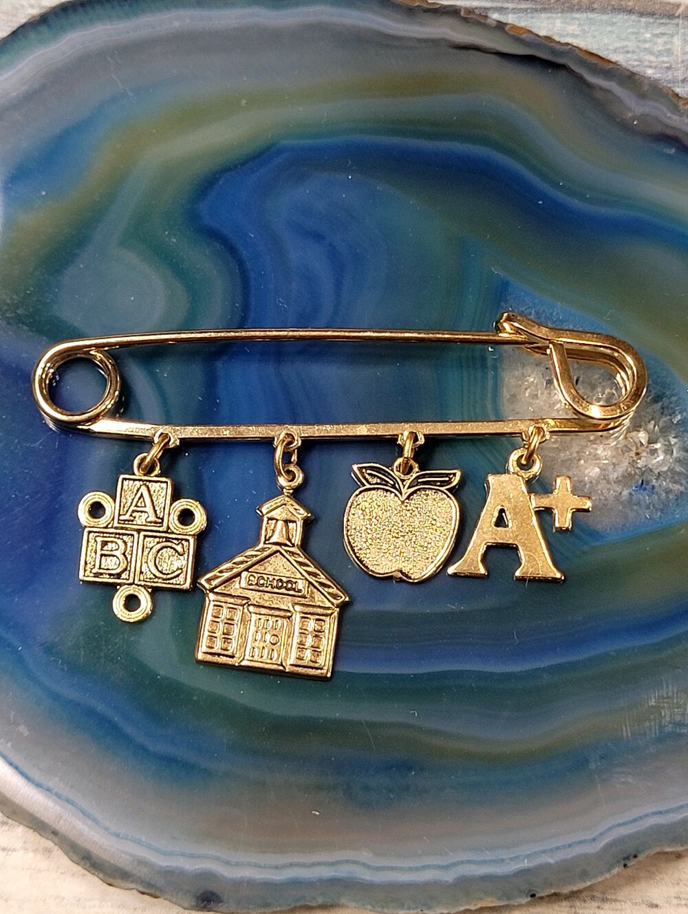 Gold Teacher School-Themed Safety Pin Charm Brooch